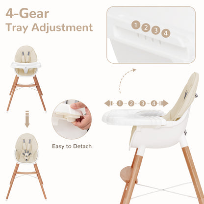 Wooden Baby Infant High chair Adjustable Double Tray with 5-Point Harness and Comfortable Footrest-Beige