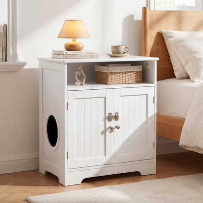 Wooden Cat Litter Box Enclosure Hidden Cat Washroom Furniture with Easy Cleaning Litter Mat-White