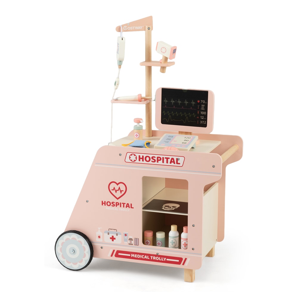 The pink wooden doctor's trolley with medical accessories and a screen
