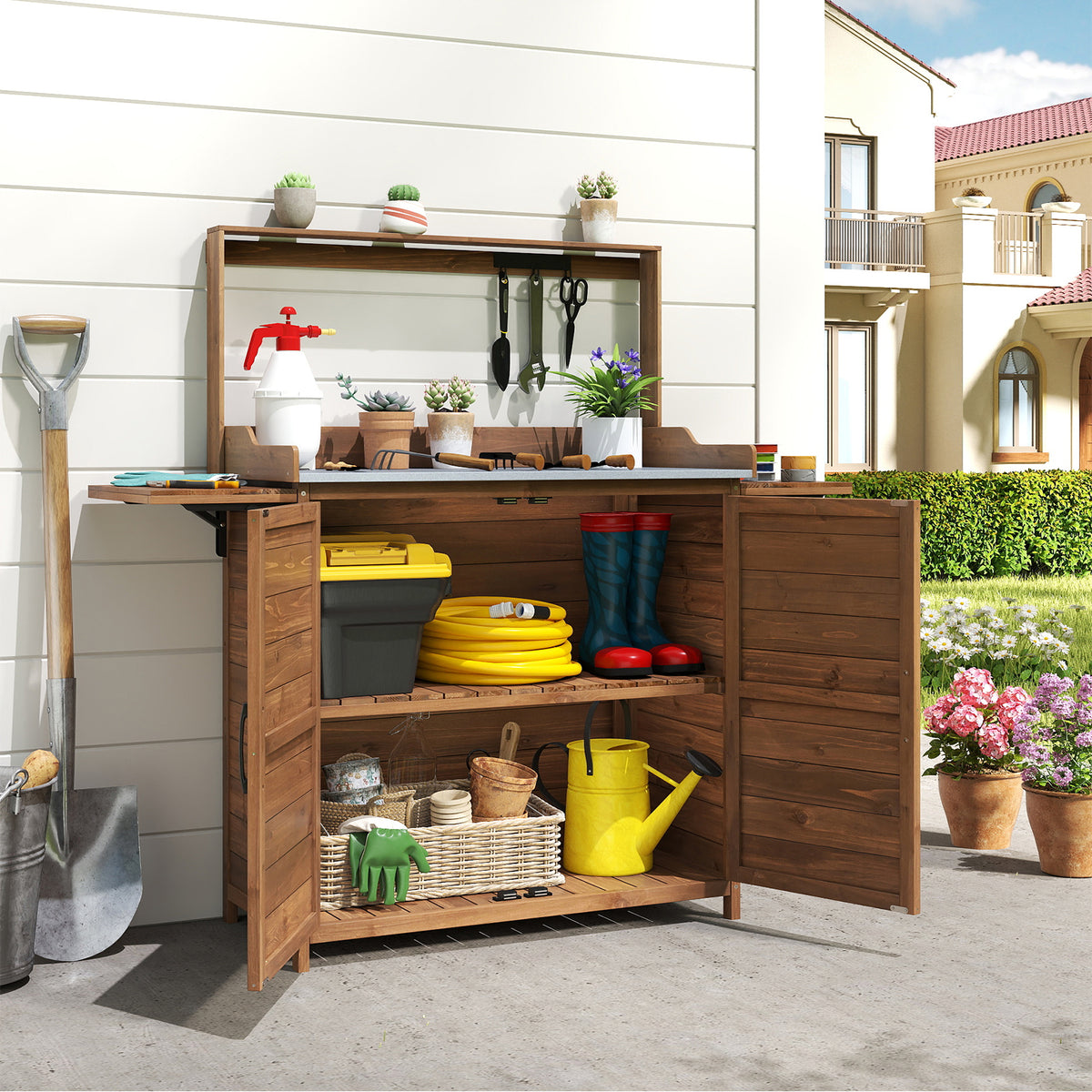 Wooden Garden Workstation with Foldable Side Shelves for Yard Balcony-Brown