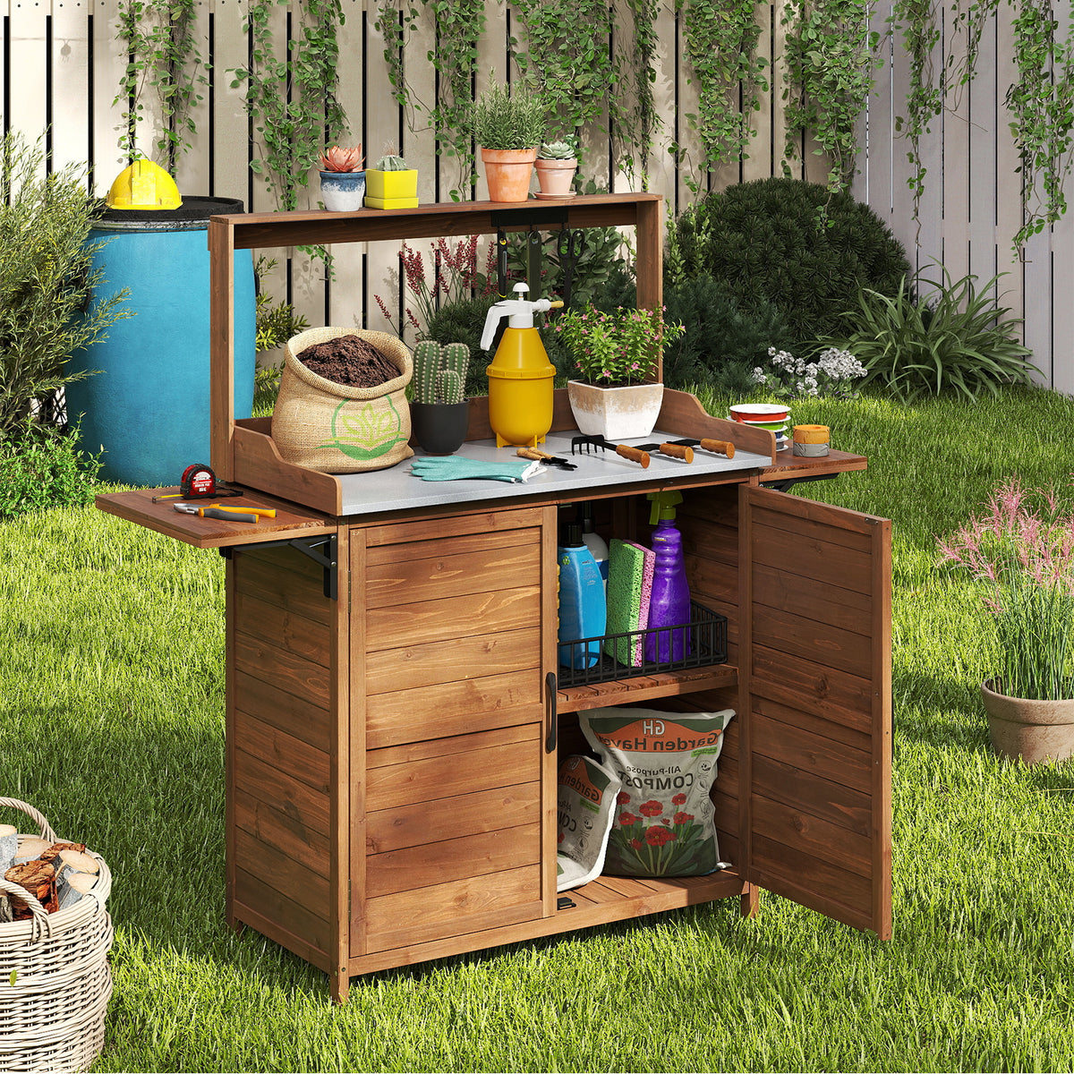 Wooden Garden Workstation with Foldable Side Shelves for Yard Balcony-Brown
