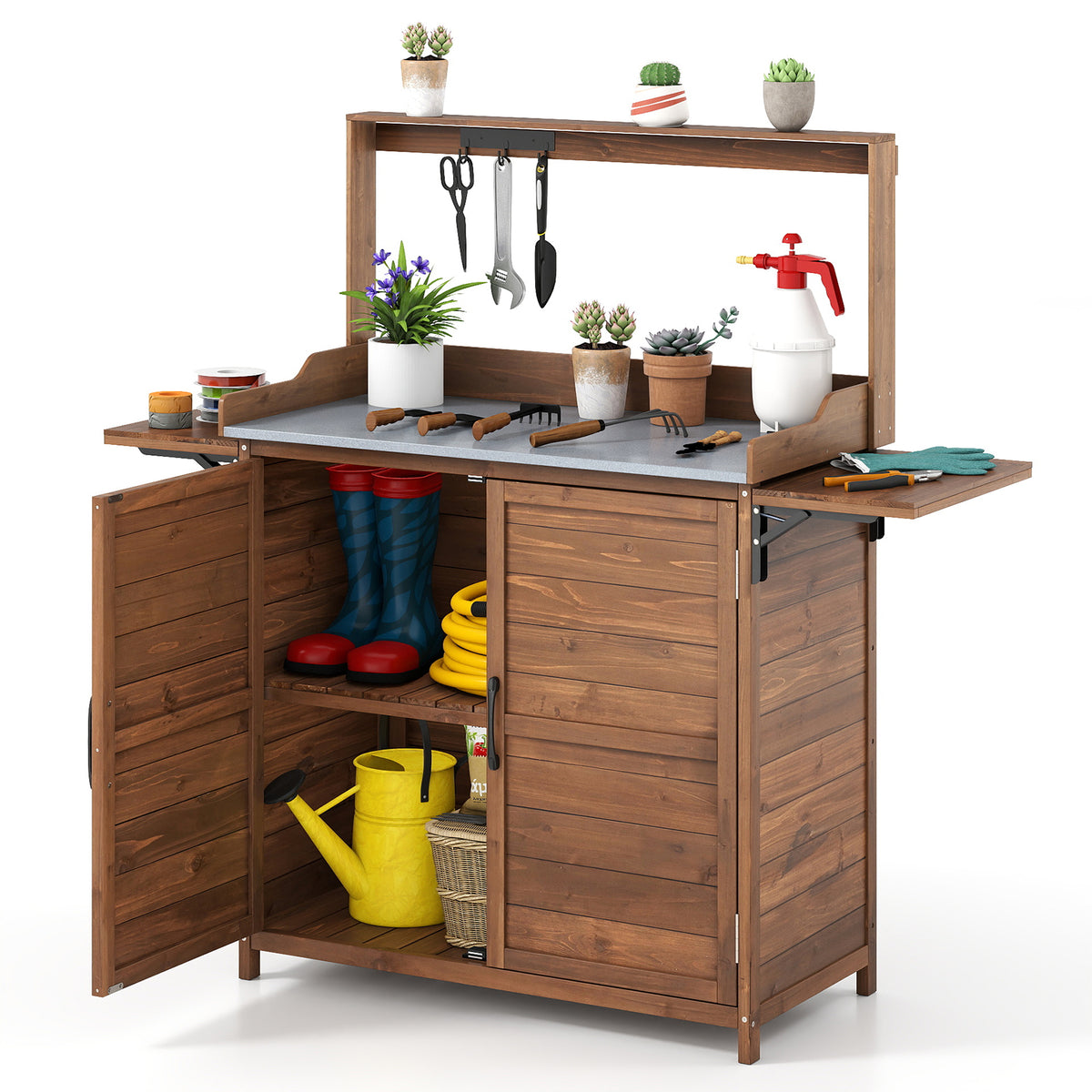 Wooden Garden Workstation with Foldable Side Shelves for Yard Balcony-Brown