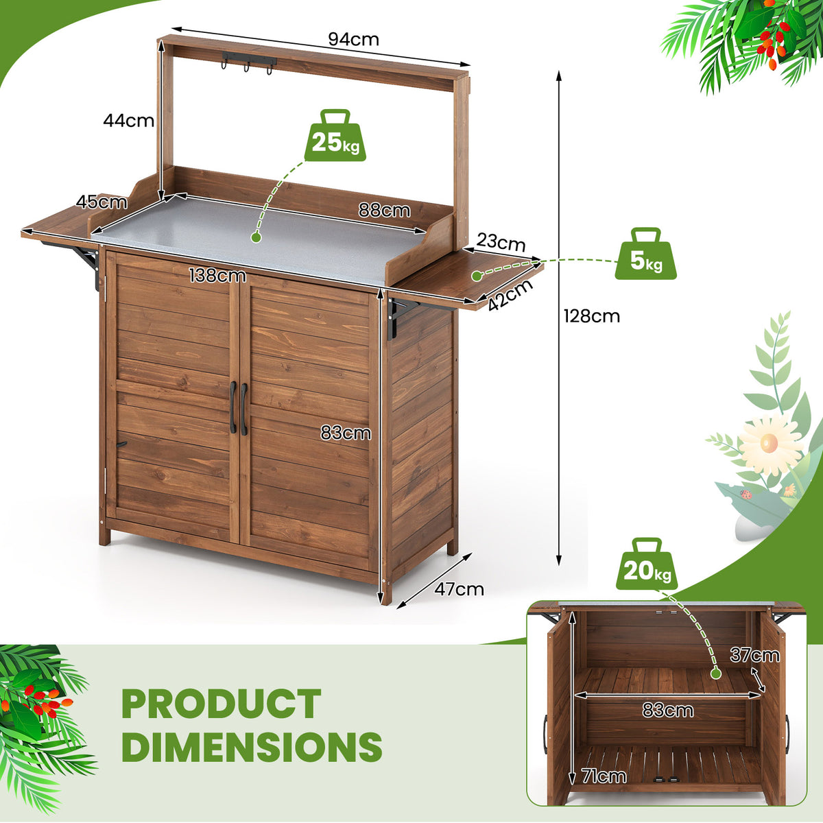 Wooden Garden Workstation with Foldable Side Shelves for Yard Balcony-Brown
