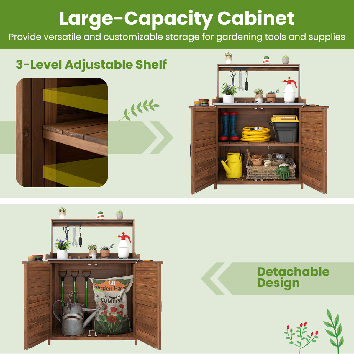 Wooden Garden Workstation with Foldable Side Shelves for Yard Balcony-Brown