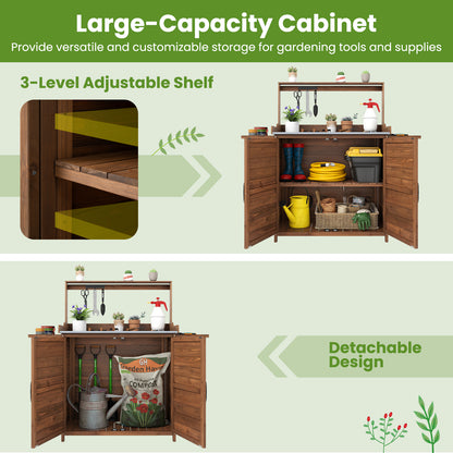 Wooden Garden Workstation with Foldable Side Shelves for Yard Balcony-Brown