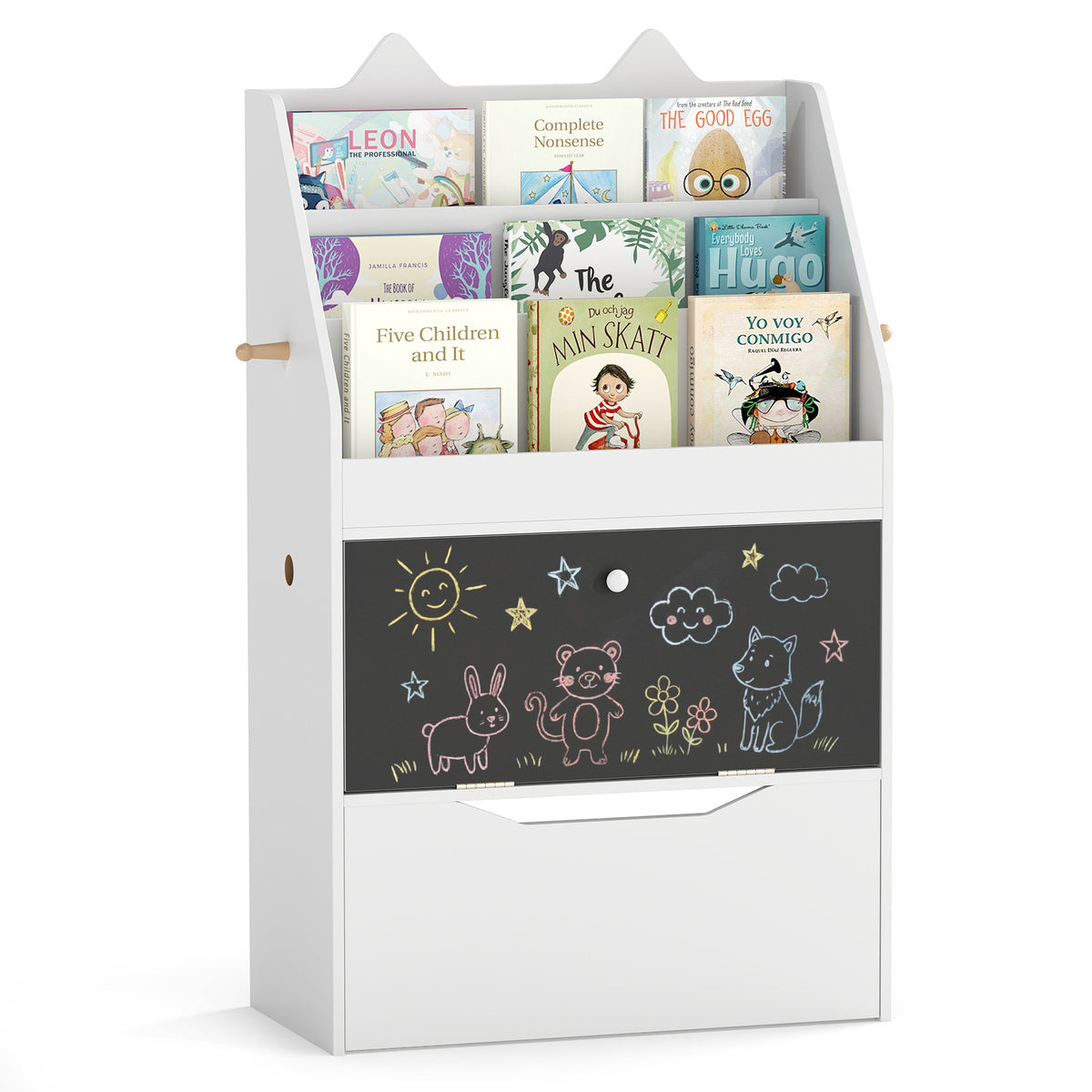 The kids storage unit with chalkboard and drawer, showing books on shelves