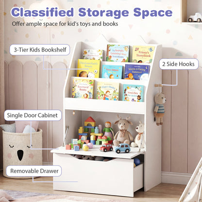 Classified storage space for the kids bookshelf with drawer and hooks