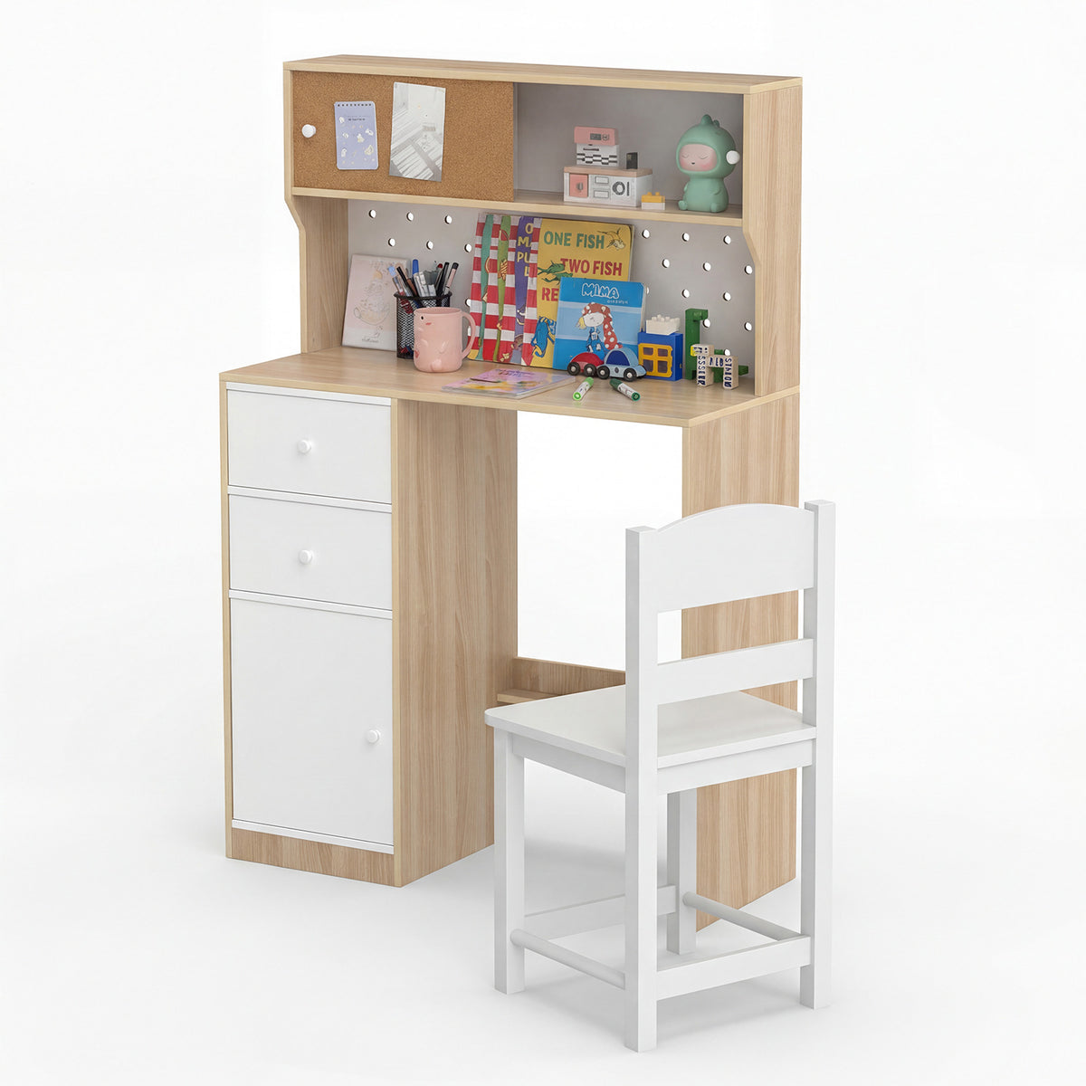 Wooden Kids Study Desk and Chair Set with 2 Cabinets and Drawers-Natural