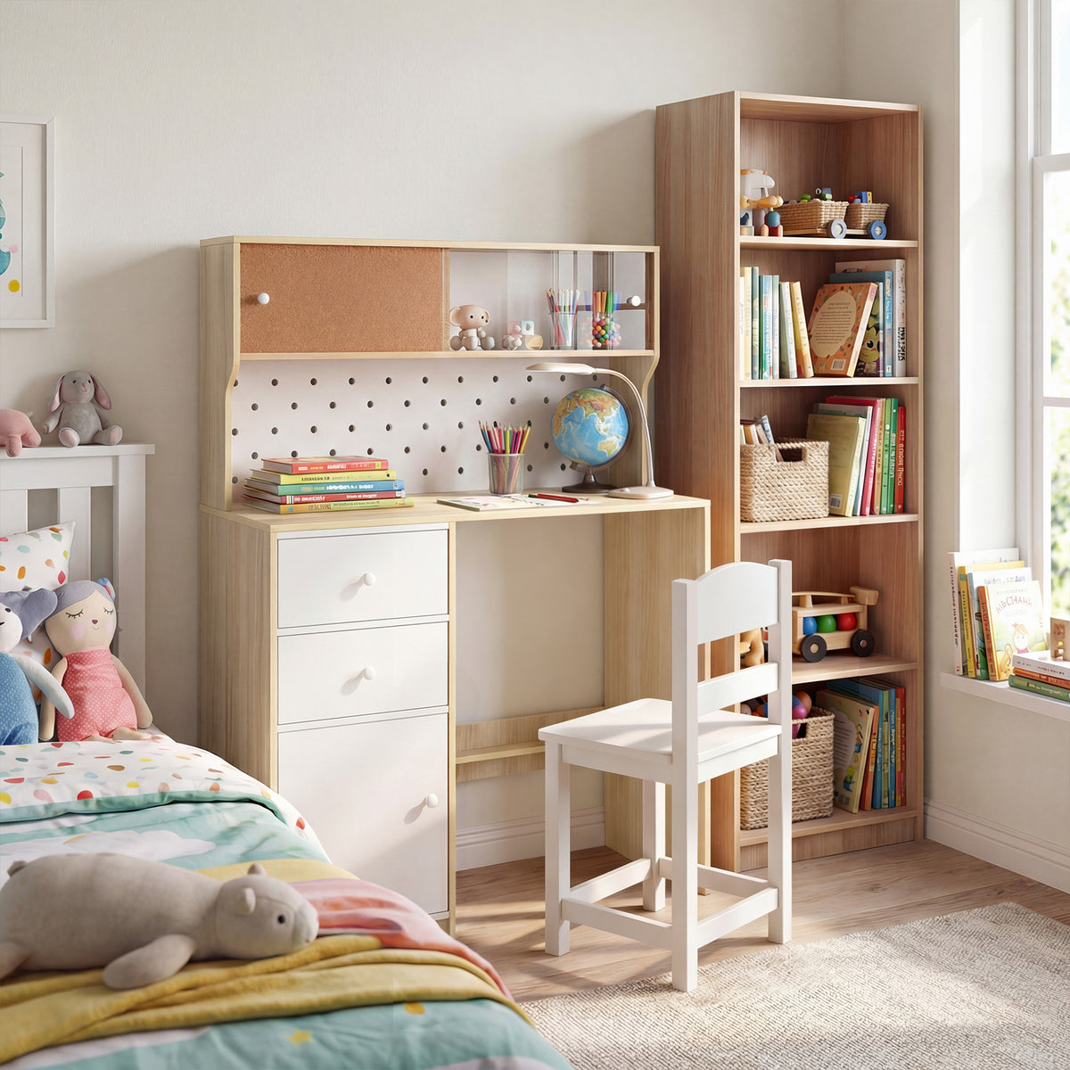 Wooden Kids Study Desk and Chair Set with 2 Cabinets and Drawers-Natural