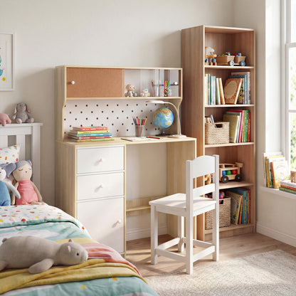Wooden Kids Study Desk and Chair Set with 2 Cabinets and Drawers-Natural