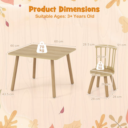 Wooden Kids Table and 2 Chairs Set with Curved Spindle Backrests-Natural