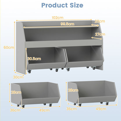 Size diagram of the grey toy storage unit and its drawers