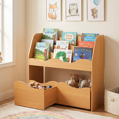 Wooden Montessori Bookshelf with 2 Rolling Drawers for Kids Room and Nursery-Natural