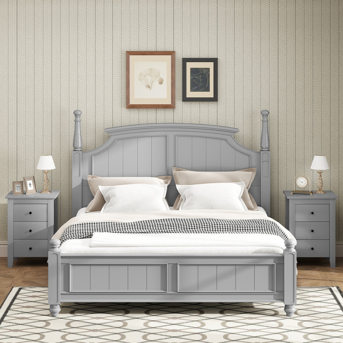 Wooden Nightstand Set of 2 with 3 Drawers and Stable Structure-Grey