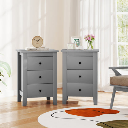 Wooden Nightstand Set of 2 with 3 Drawers and Stable Structure-Grey