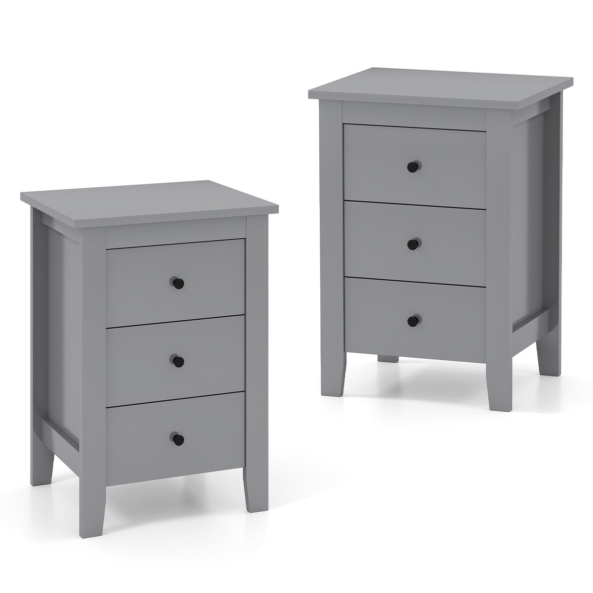 Wooden Nightstand Set of 2 with 3 Drawers and Stable Structure-Grey
