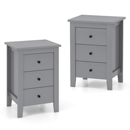 Wooden Nightstand Set of 2 with 3 Drawers and Stable Structure-Grey