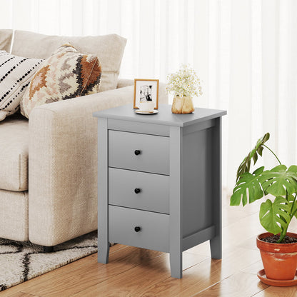 Wooden Nightstand Set of 2 with 3 Drawers and Stable Structure-Grey