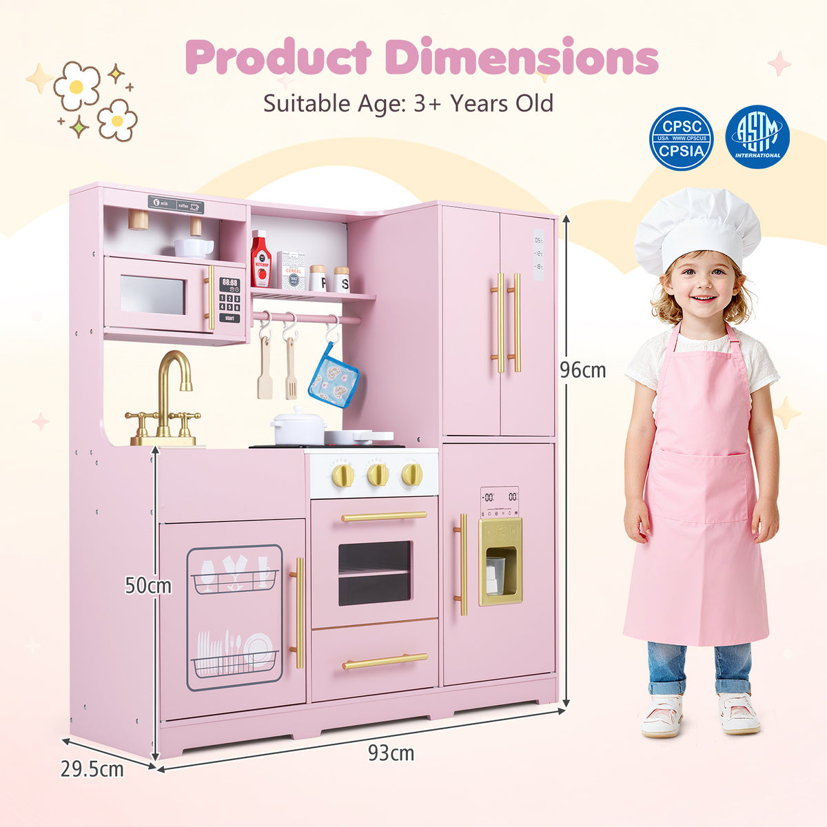 Pink play kitchen set with dimensions shown for height, width and depth