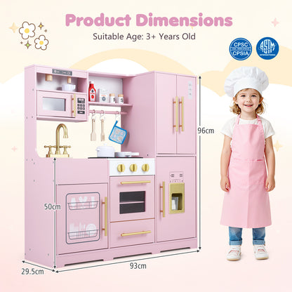 Pink play kitchen set with dimensions shown for height, width and depth