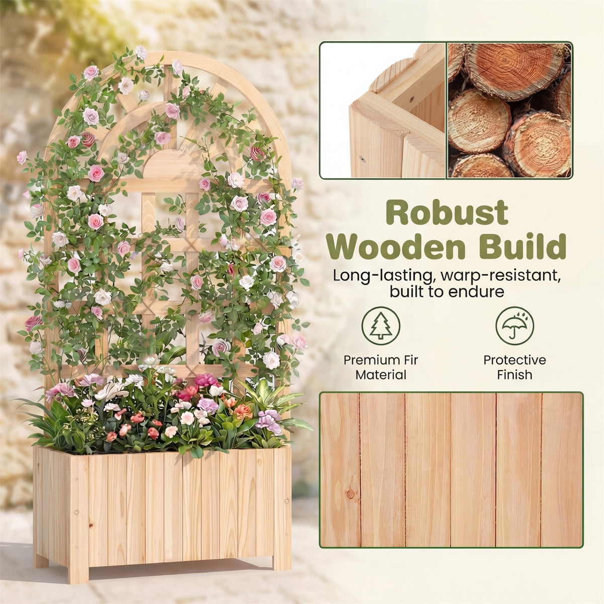 Wooden Raised Garden Bed with Trellis 121cm Outdoor Planter Box Privacy Screen-Natural