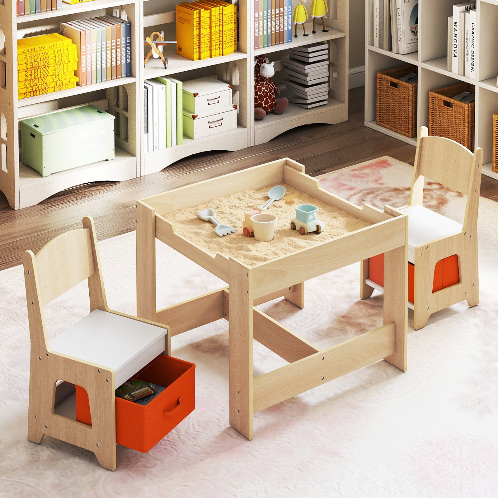 Wooden Activity Table with 2 Seats and Detachable Dual-Sided Tabletop-Natural