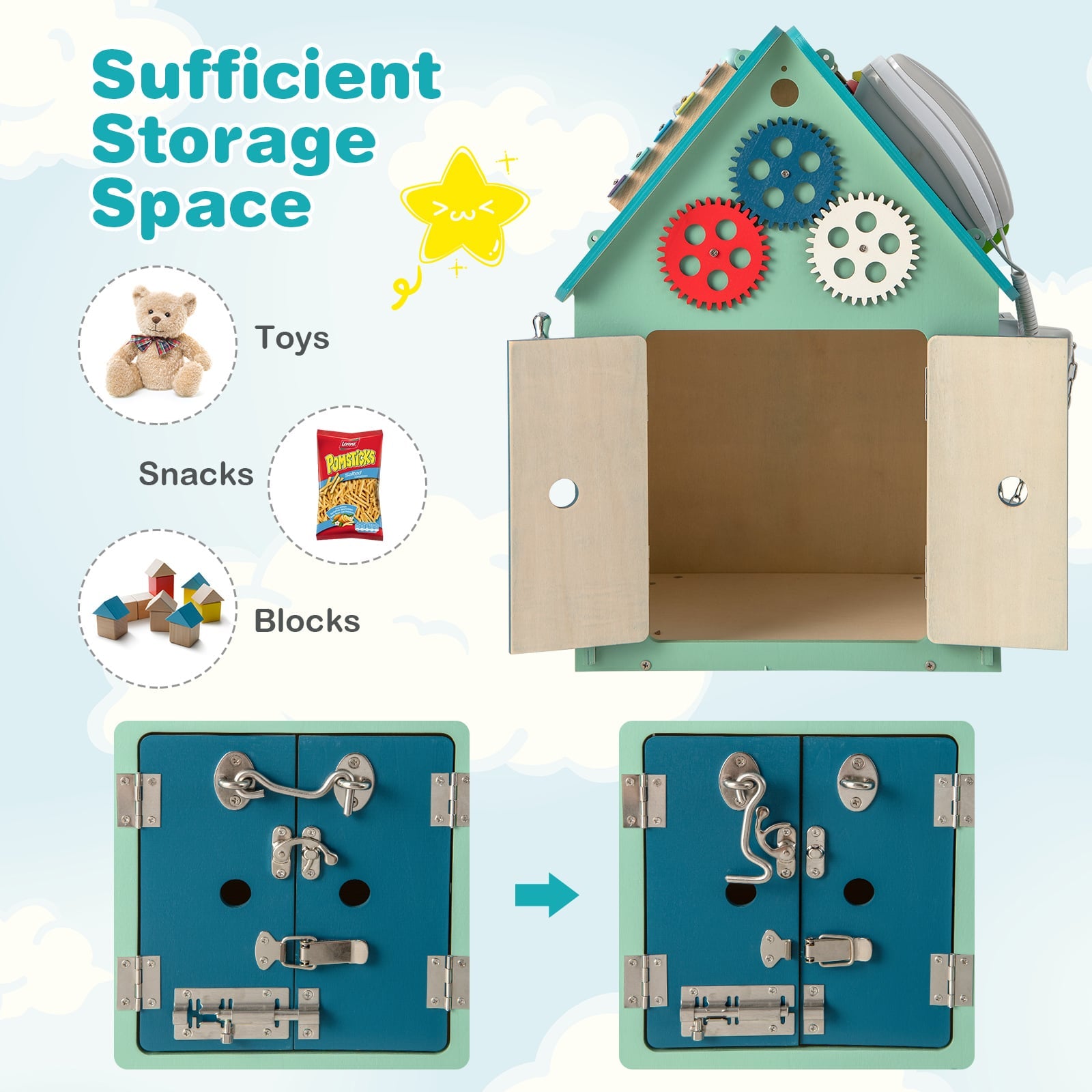 Wooden Busy House Toddler Learning Toy with Music Box-Blue