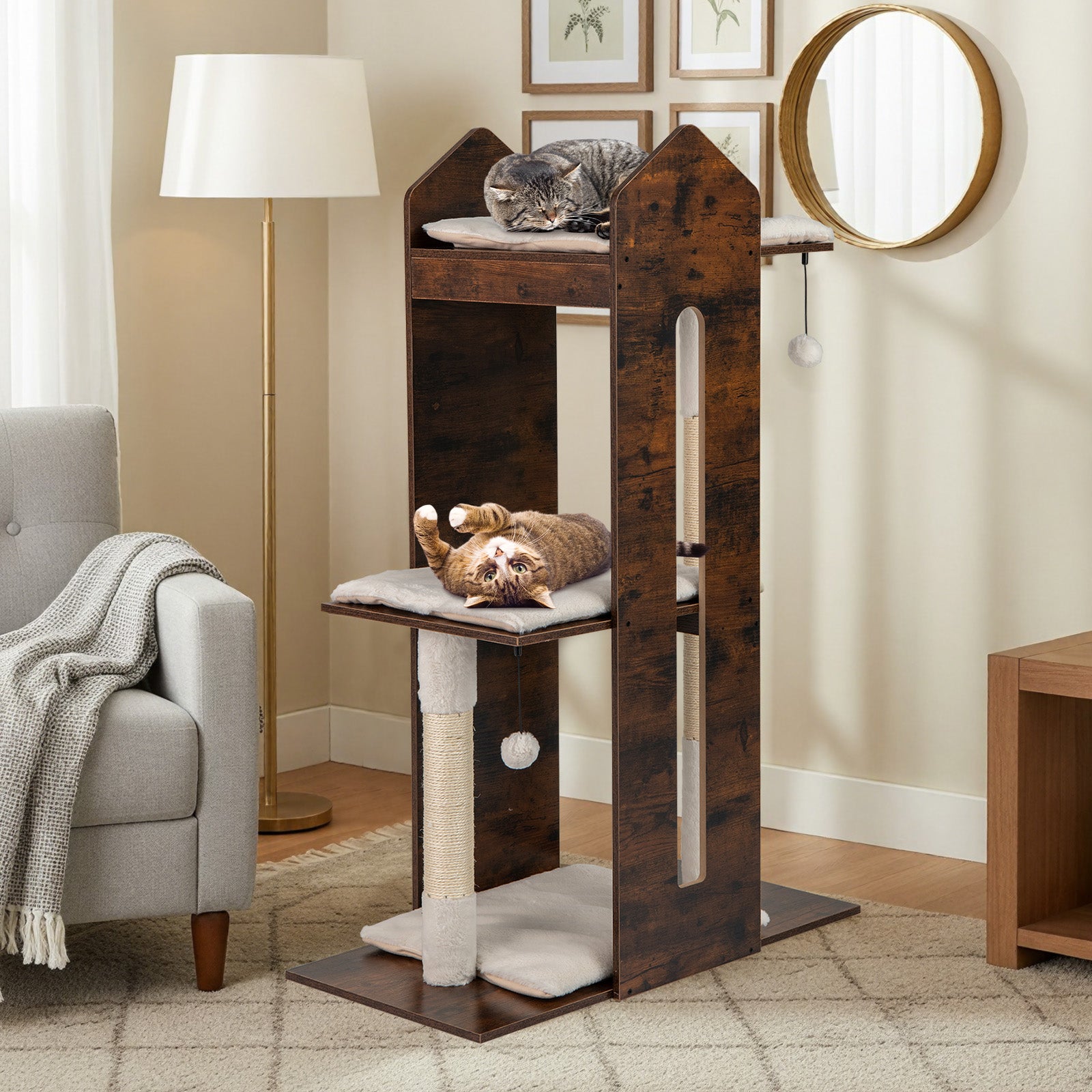 Wooden Cat Activity Center with Sisal Scratching Posts and Hanging Balls-Rustic Brown