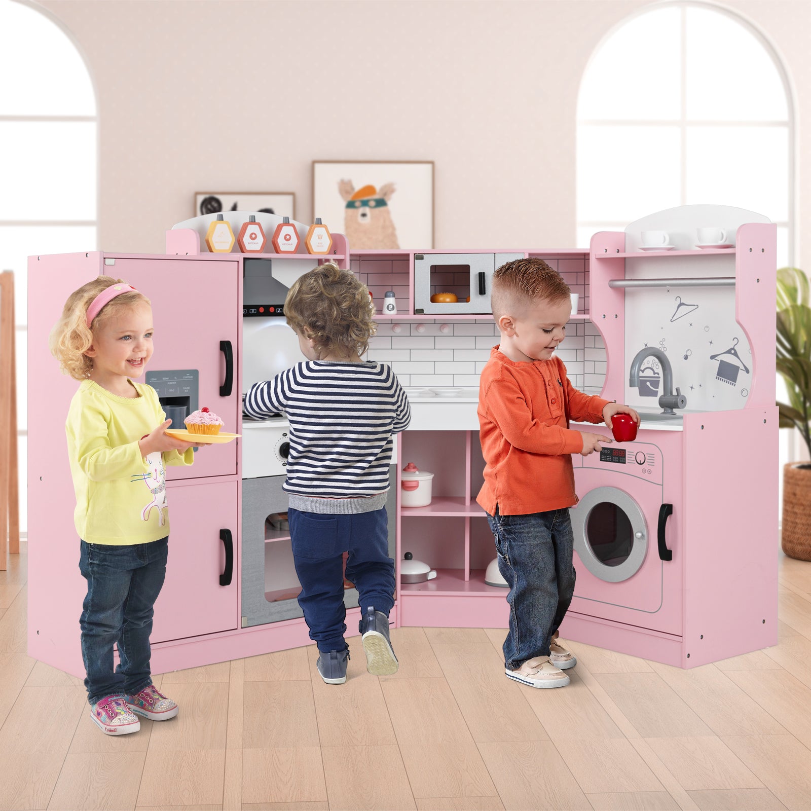 Wooden Corner Play Kitchen with Sounds and Lights-Pink