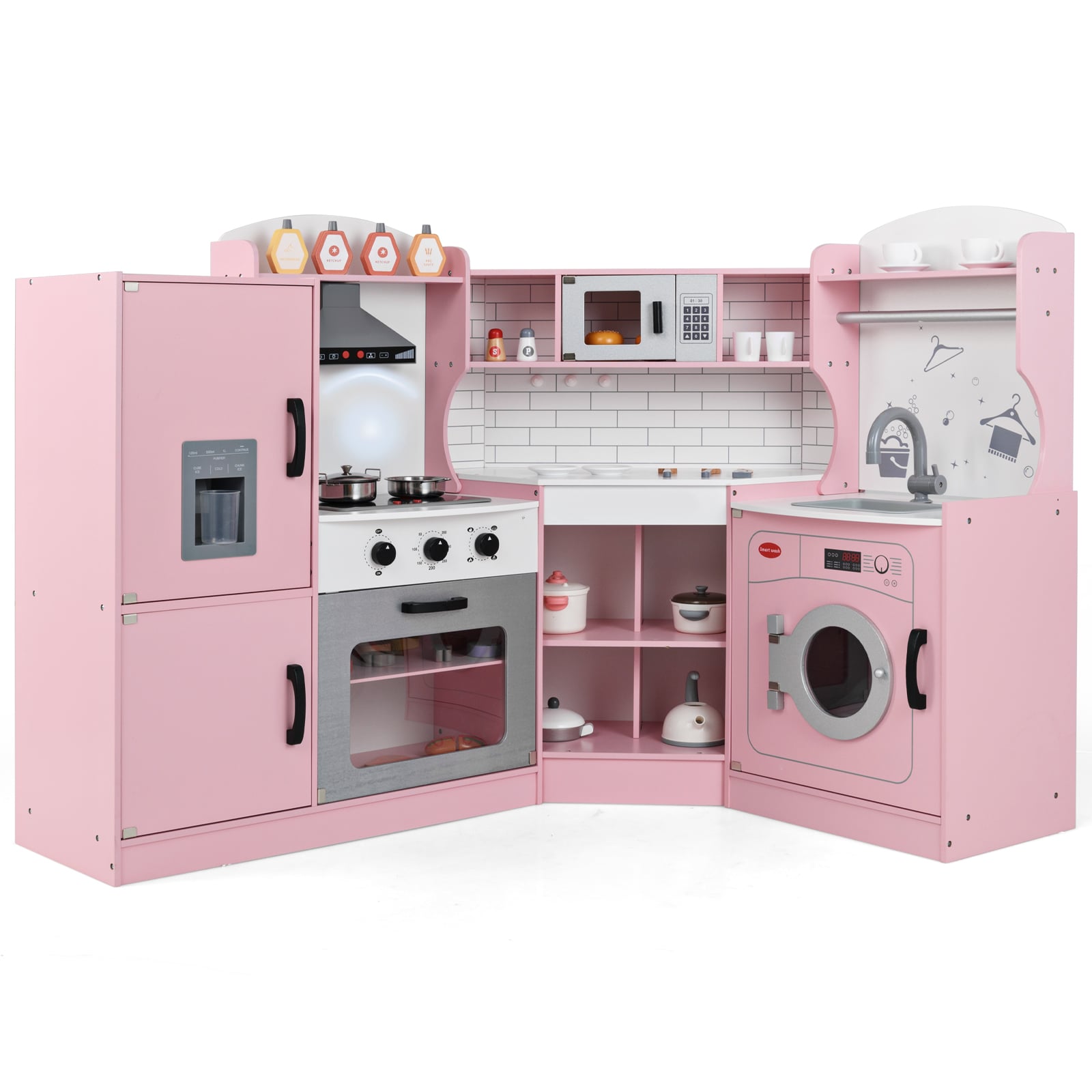 Wooden Corner Play Kitchen with Sounds and Lights-Pink