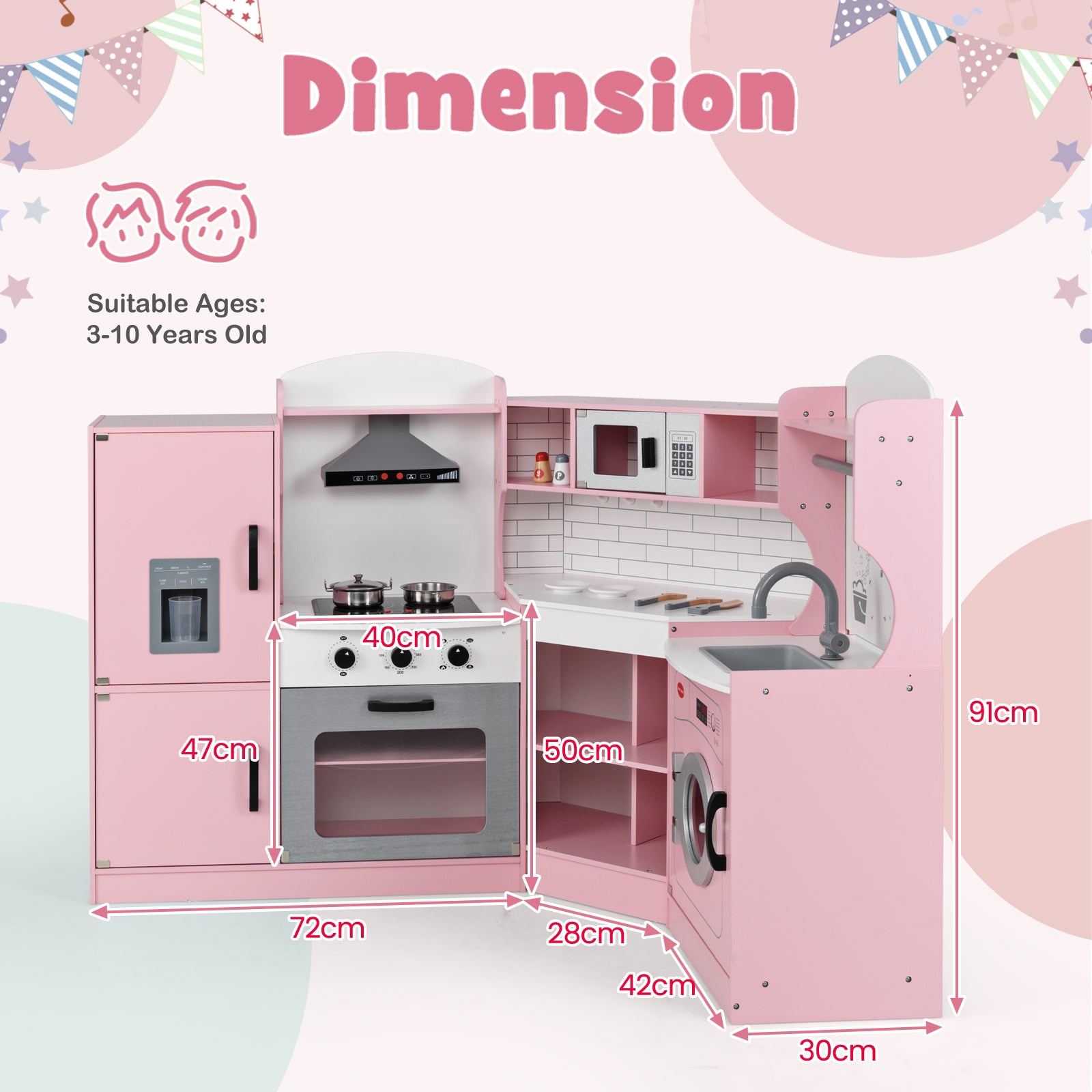 Wooden Corner Play Kitchen with Sounds and Lights-Pink