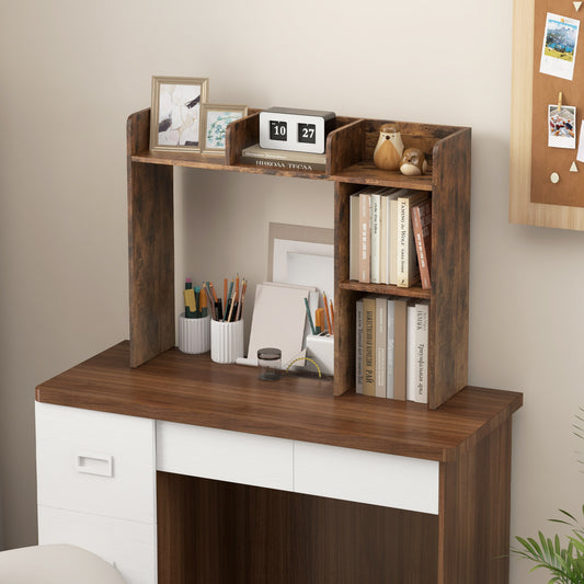 The bookcase placed on a desk with stationery and books arranged neatly on the shelves