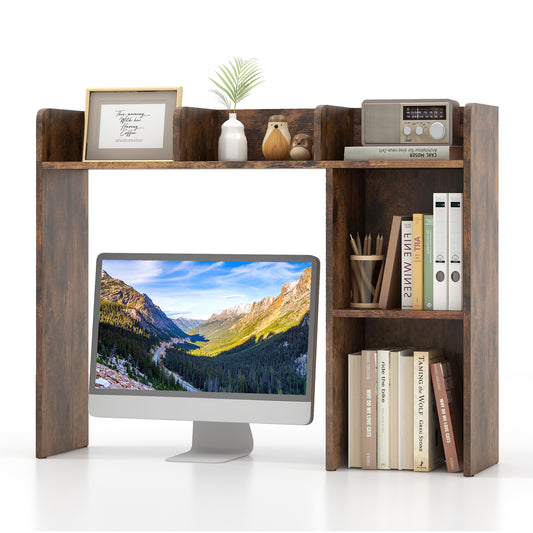 Wooden Desk Bookshelf with a computer monitor and various decorative items on the shelves