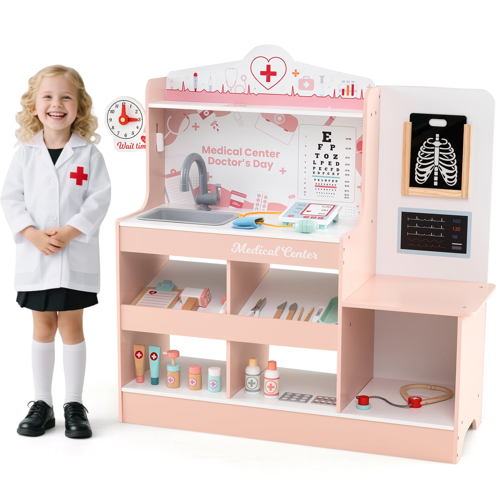 Wooden Doctor Play Set Kids Medical Center with Storage for Boys and Girls 3+ Years Old-Pink