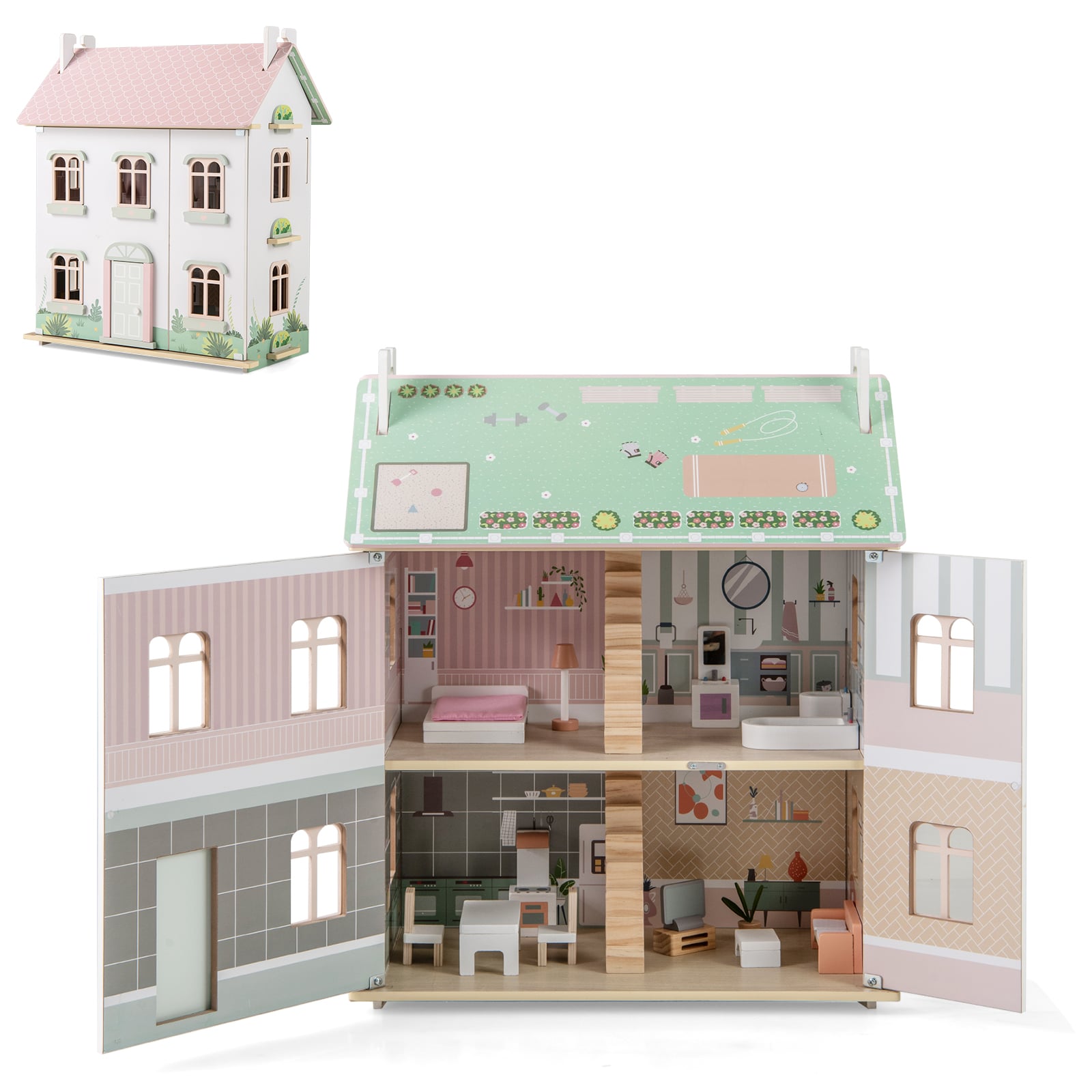 Wooden Dollhouse with Furniture and Accessories for Kids-Pink