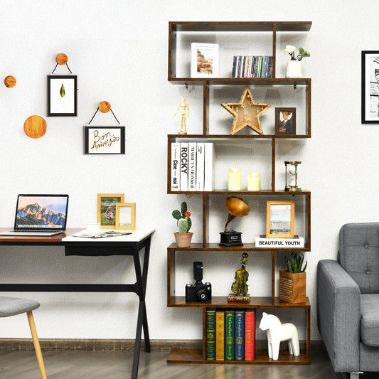 The wooden bookcase filled with various ornaments and books in a living room setting