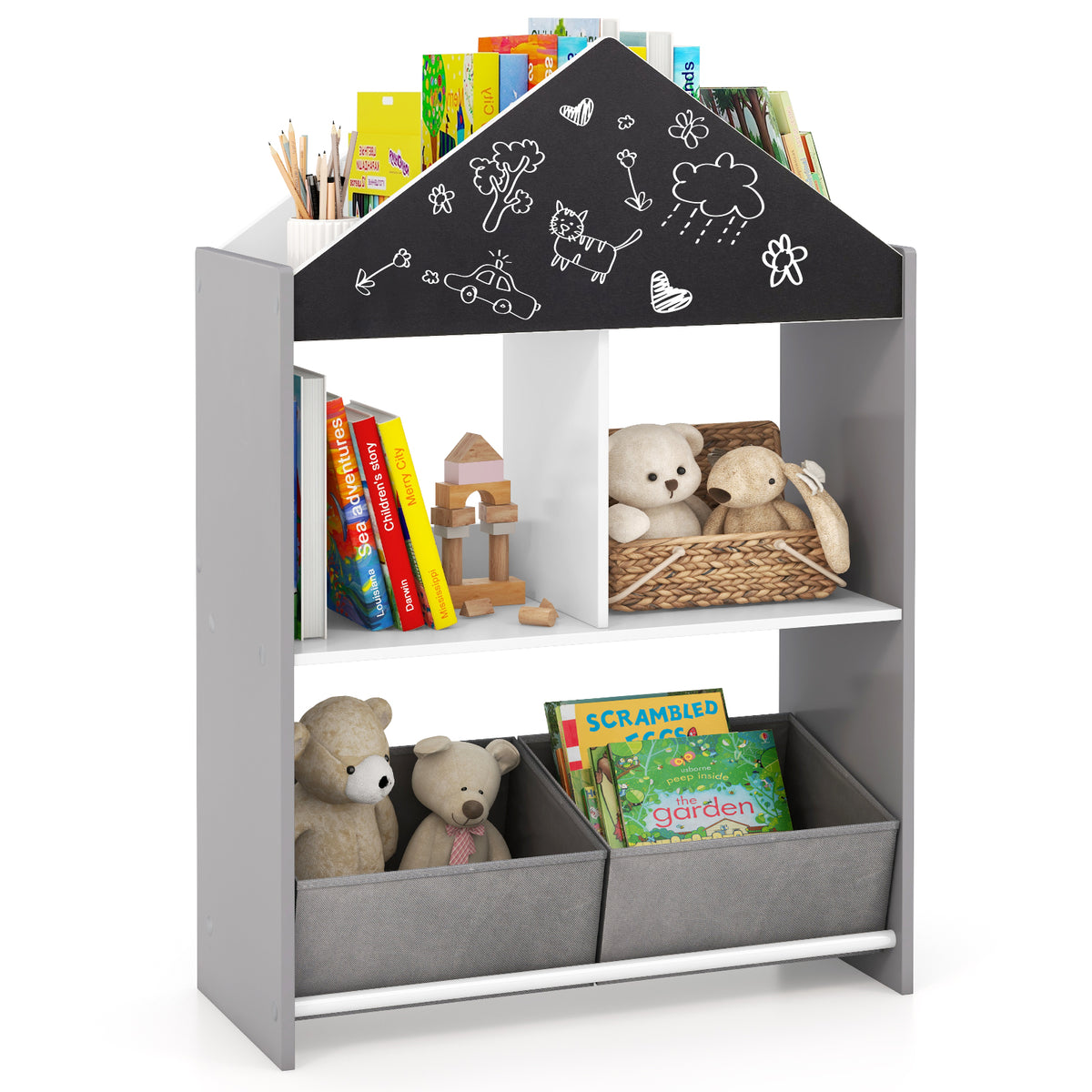 The kids storage unit displaying books and toys on its shelves and in its bins