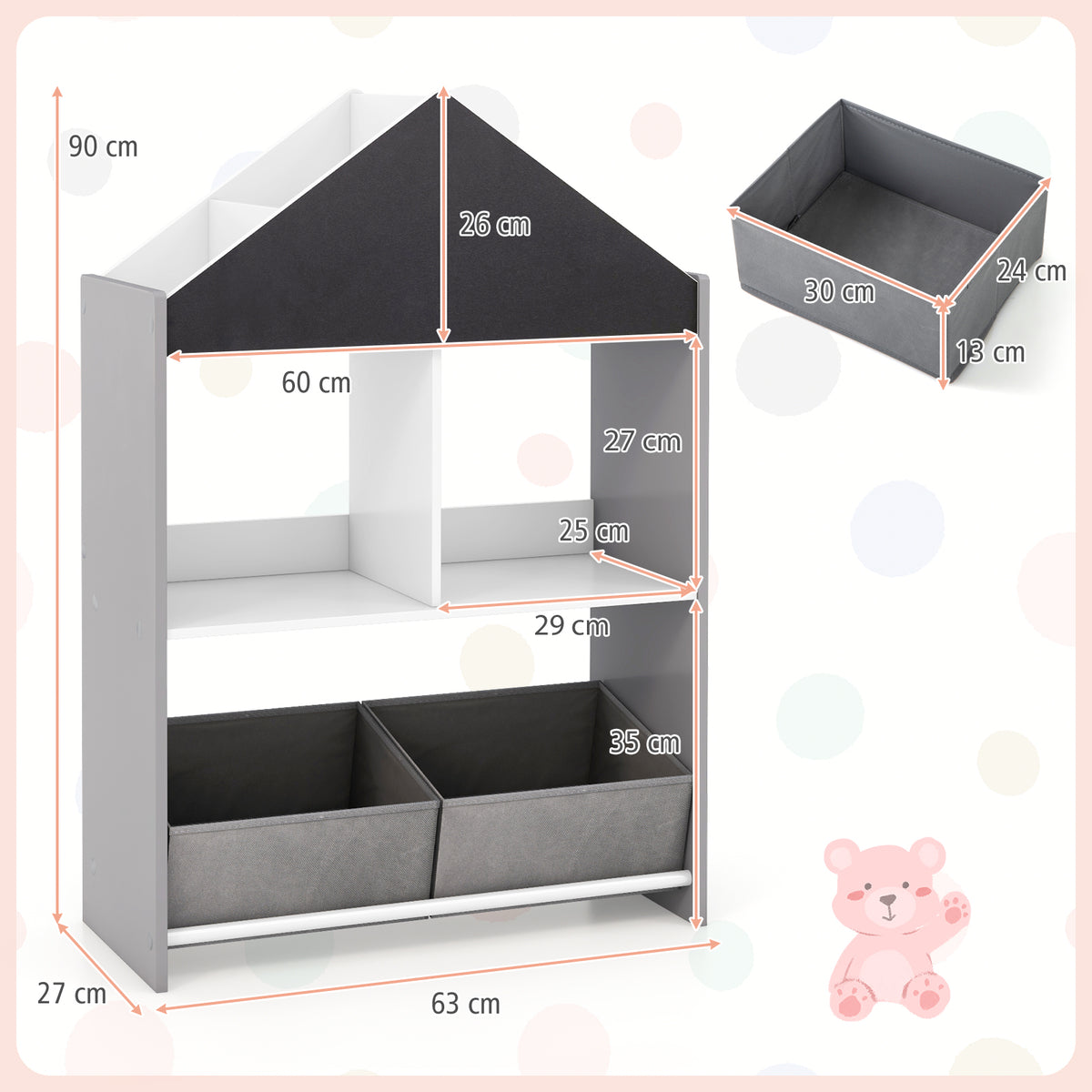 Dimensions of the grey kids storage unit shown with a teddy bear graphic