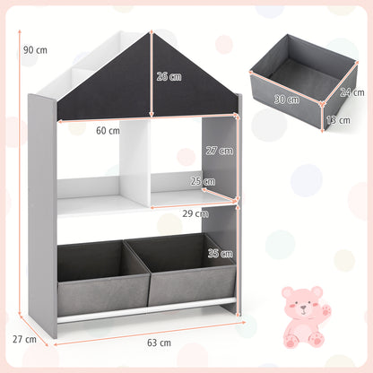 Dimensions of the grey kids storage unit shown with a teddy bear graphic