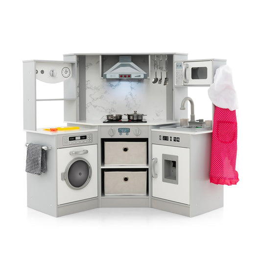 Wooden Kids Play Kitchen Corner with a washing machine, stove, microwave and storage drawers