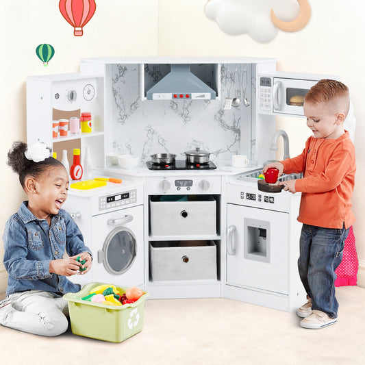 Two children playing with the white wooden kids play kitchen corner set