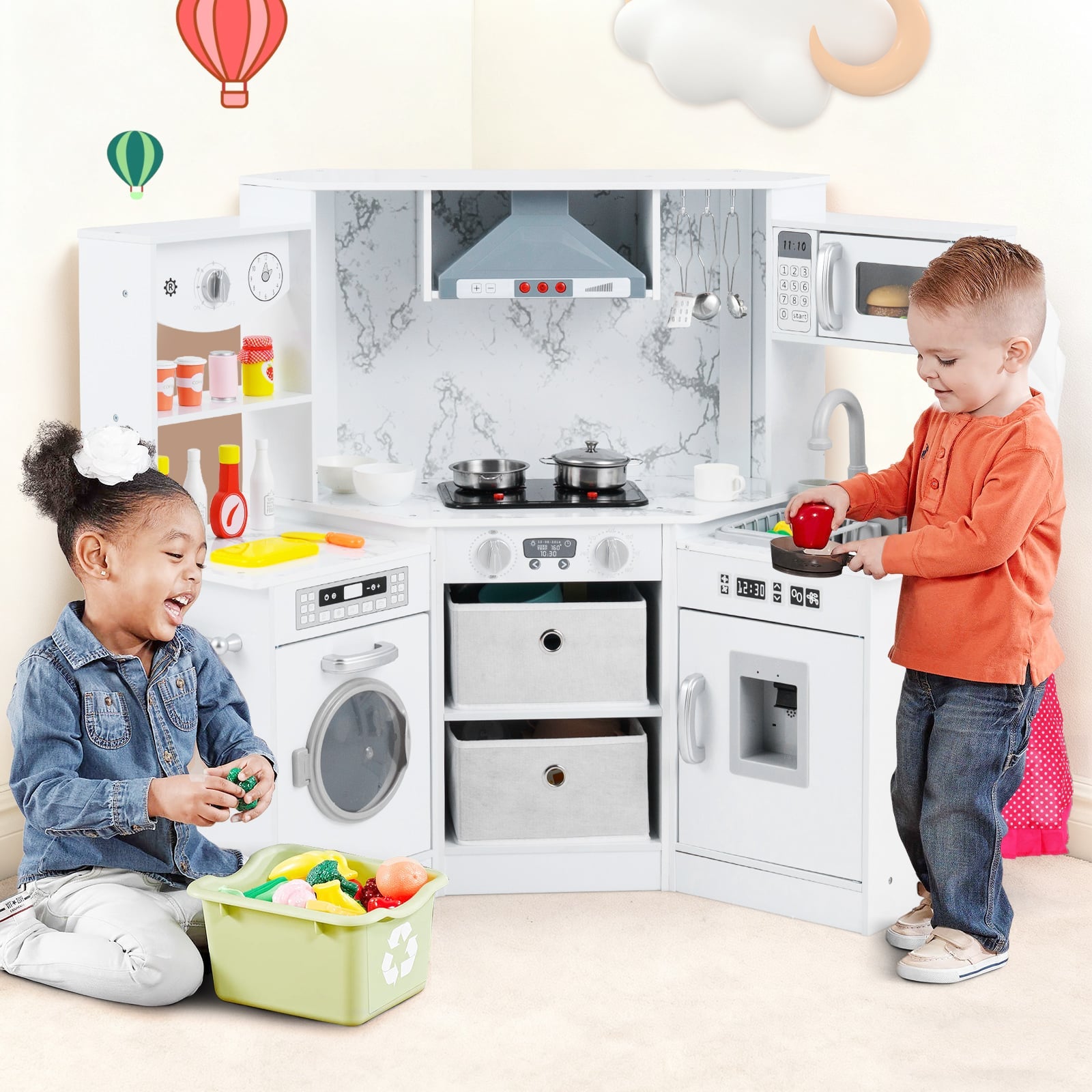 Wooden Kids Play Kitchen Corner with Lights and Water Circulation System-White