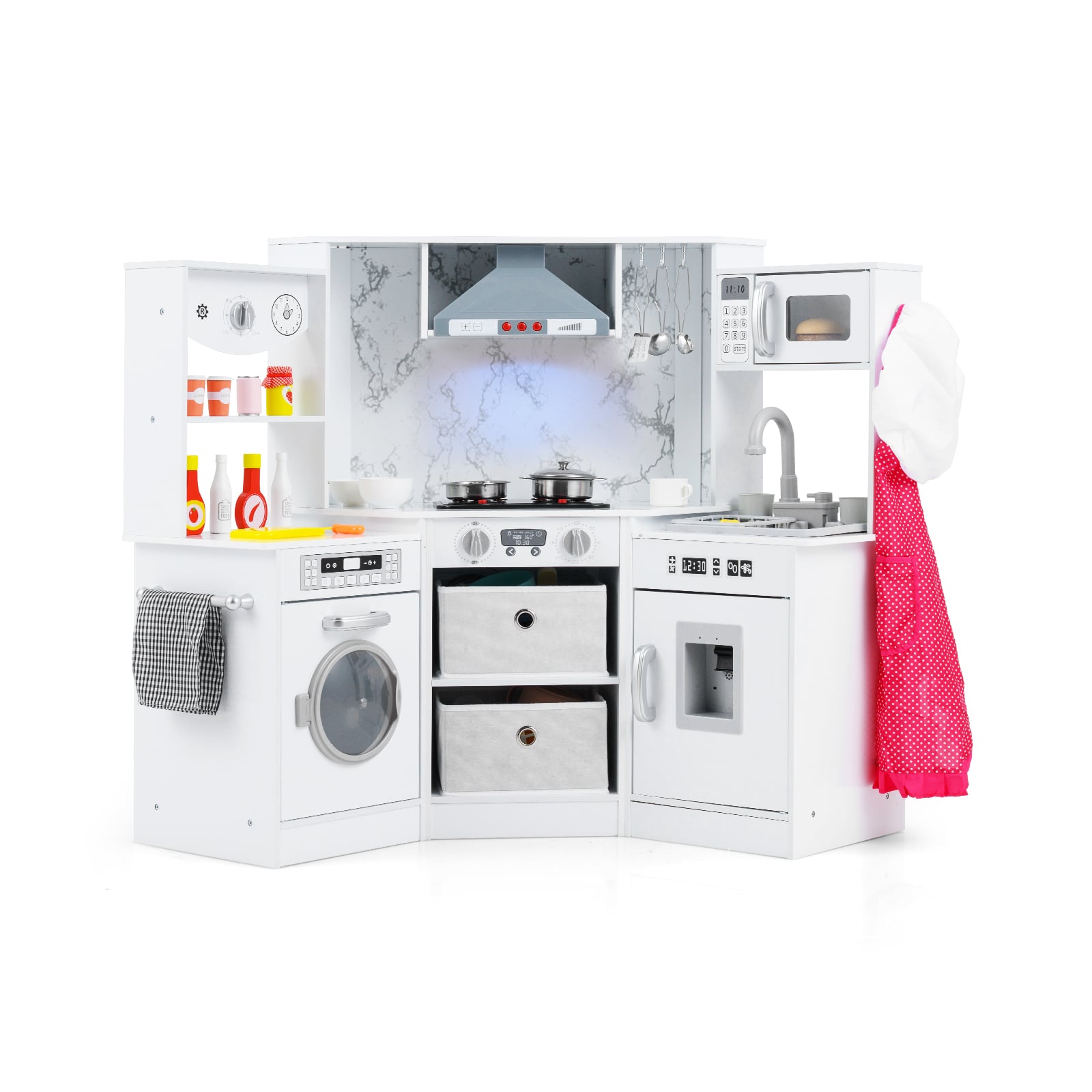 Wooden Kids Play Kitchen Corner with Lights and Water Circulation System-White