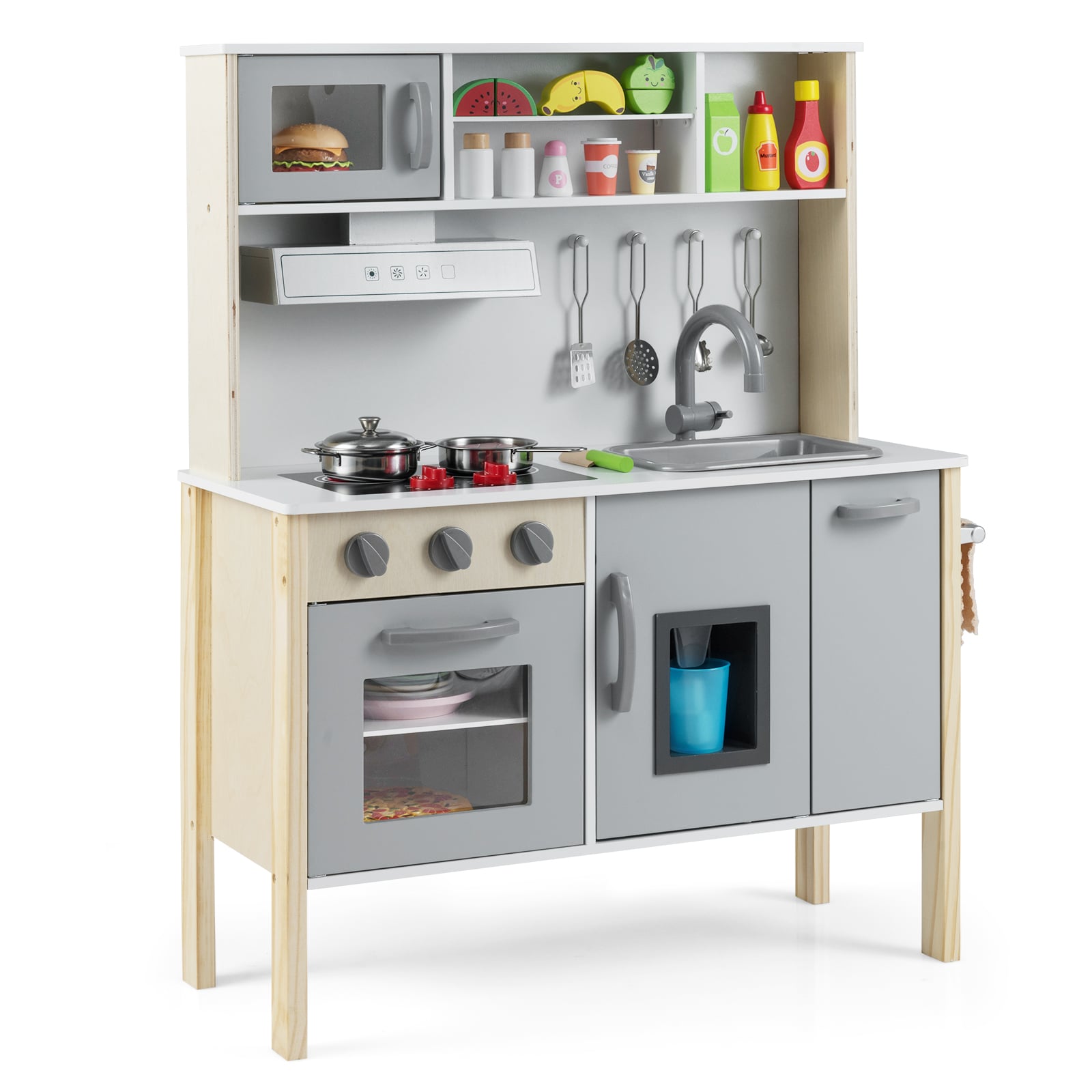 Wooden Kids Play Kitchen Set with Microwave Stoves Oven-Grey