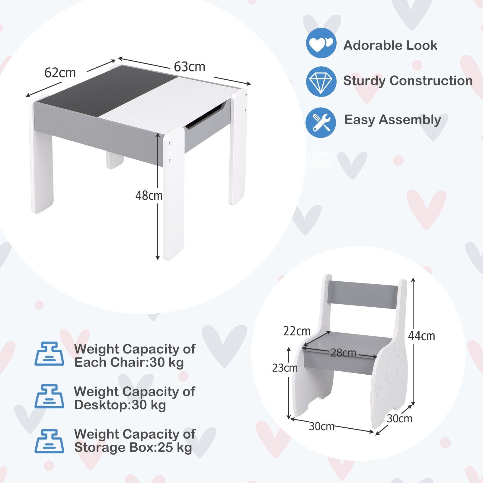 Wooden Kids Table and Chair Set with Hidden Storage-Gray &amp; White