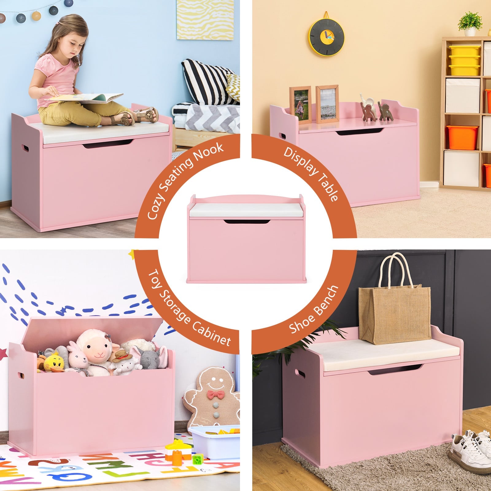 Wooden Kids Toy Box and Bench with Cushion and Handles-Pink
