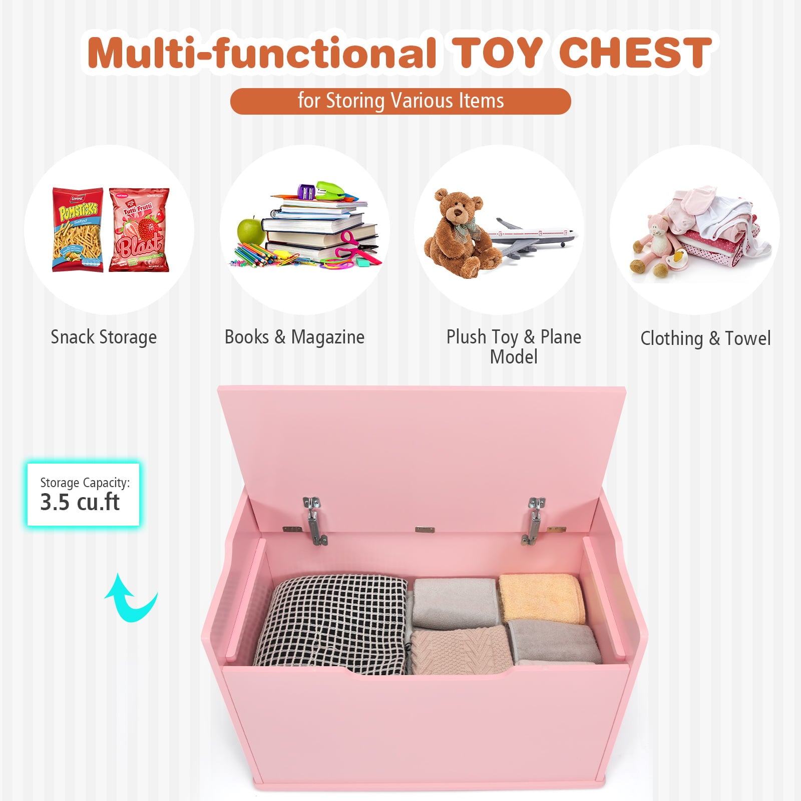 Wooden Kids Toy Box and Bench with Cushion and Handles-Pink