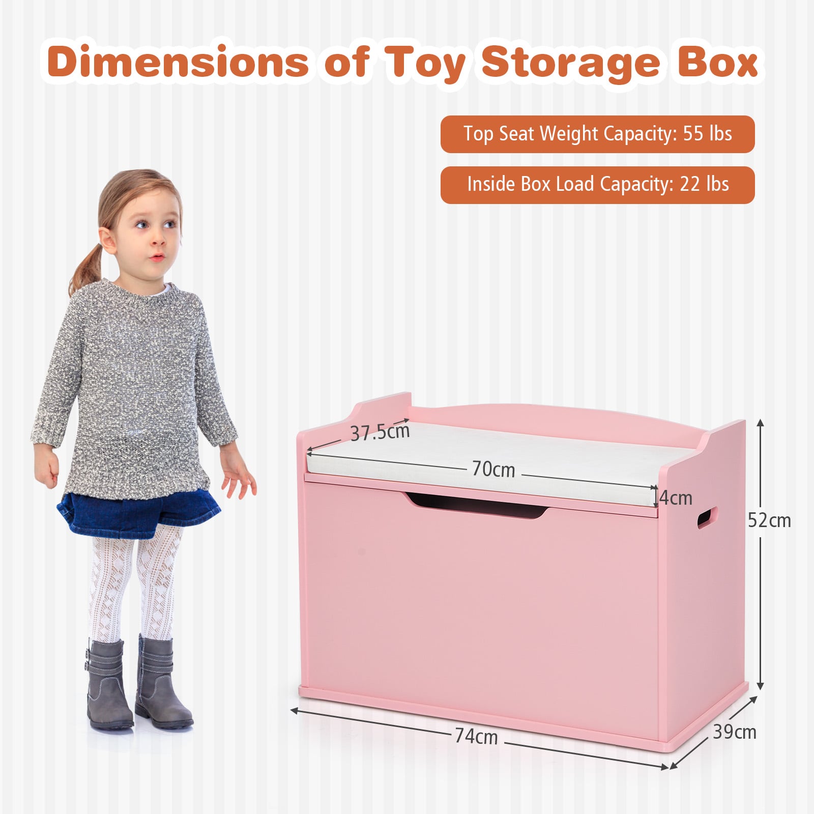 Wooden Kids Toy Box and Bench with Cushion and Handles-Pink