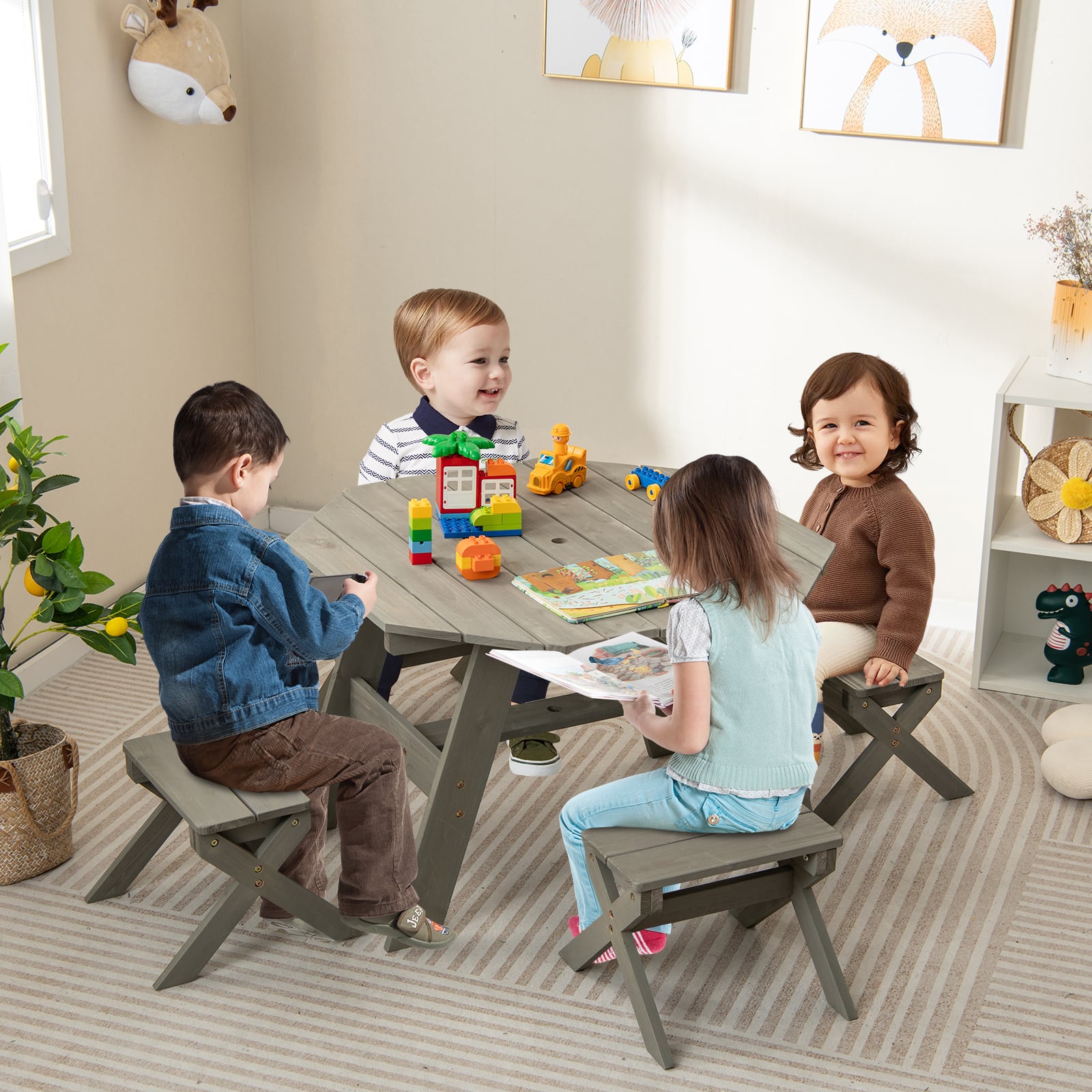 Wooden Kids Picnic Table Set with 4 Chairs and Adjustable Umbrella-Grey