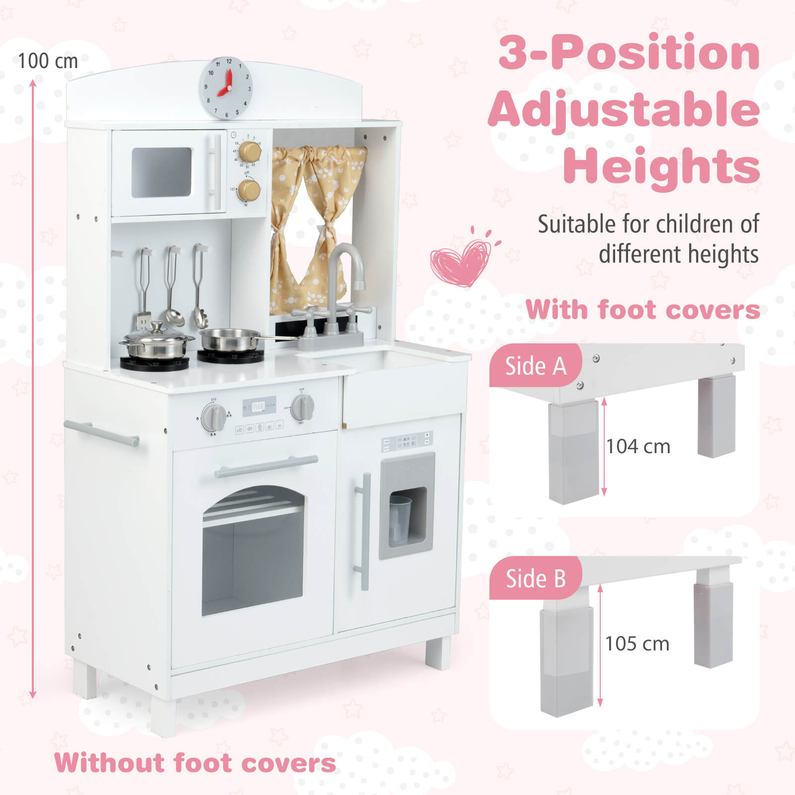 Wooden Play Kitchen for Kids with 3 Adjustable Heights with Stoves and Ice Maker-White